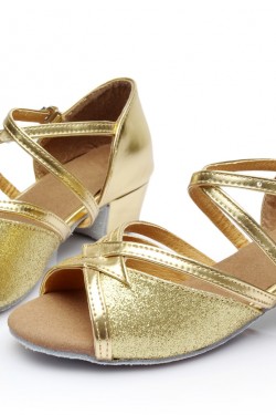 Women's Kids' Gold Sparkling Glitter Sandals Flats Latin Dance Shoes D601001