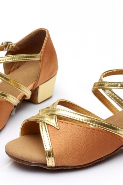 Women's Kids' Brown Satin Sandals Flats Latin Dance Shoes Chunky Heels Dance Shoes D601002
