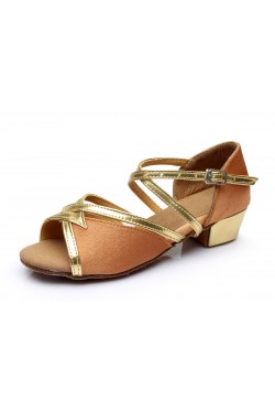 Women's Kids' Brown Satin Sandals Flats Latin Dance Shoes Chunky Heels Dance Shoes D601002