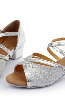 Women's Kids' Silver Sparkling Glitter Sandals Flats Latin Dance Shoes Chunky Heels Dance Shoes D601003