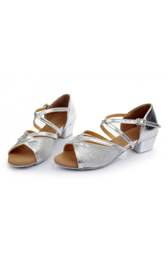 Women's Kids' Silver Sparkling Glitter Sandals Flats Latin Dance Shoes Chunky Heels Dance Shoes D601003