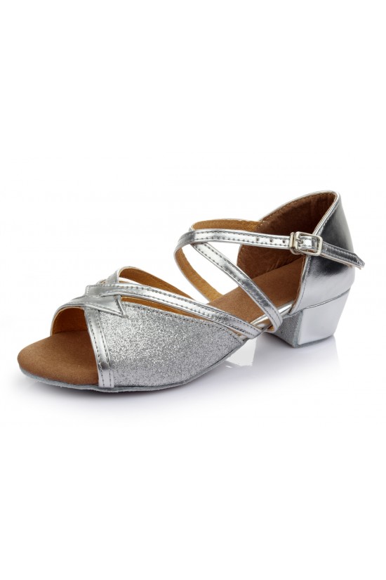 Women's Kids' Silver Sparkling Glitter Sandals Flats Latin Dance Shoes Chunky Heels Dance Shoes D601003