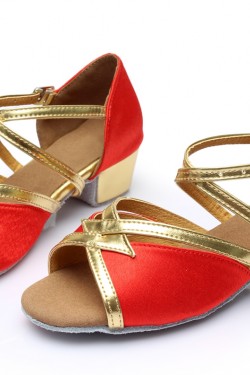 Women's Kids' Red Satin Sandals Flats Latin Dance Shoes Chunky Heels Dance Shoes D601004