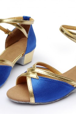 Women's Kids' Blue Satin Sandals Flats Latin Dance Shoes Chunky Heels Dance Shoes D601005
