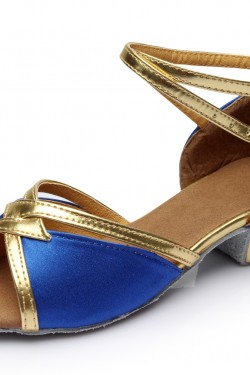 Women's Kids' Blue Satin Sandals Flats Latin Dance Shoes Chunky Heels Dance Shoes D601005