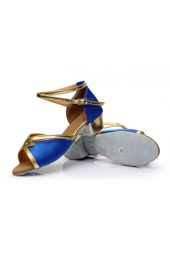 Women's Kids' Blue Satin Sandals Flats Latin Dance Shoes Chunky Heels Dance Shoes D601005