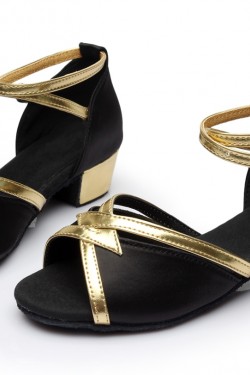 Women's Kids' Black Satin Sandals Flats Latin Dance Shoes Chunky Heels Dance Shoes D601006