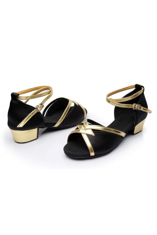 Women's Kids' Black Satin Sandals Flats Latin Dance Shoes Chunky Heels Dance Shoes D601006