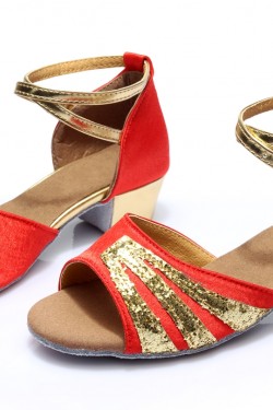 Women's Kids' Red Satin Gold Sparkling Glitter Flats Sandals Latin Dance Shoes Flower Girl Shoes D601007