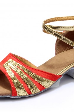 Women's Kids' Red Satin Gold Sparkling Glitter Flats Sandals Latin Dance Shoes Flower Girl Shoes D601007