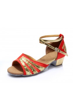 Women's Kids' Red Satin Gold Sparkling Glitter Flats Sandals Latin Dance Shoes Flower Girl Shoes D601007