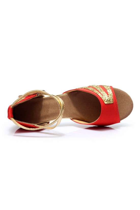 Women's Kids' Red Satin Gold Sparkling Glitter Flats Sandals Latin Dance Shoes Flower Girl Shoes D601007