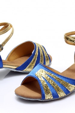 Women's Kids' Blue Satin Gold Sparkling Glitter Flats Sandals Latin Dance Shoes Flower Girl Shoes D601008
