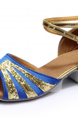 Women's Kids' Blue Satin Gold Sparkling Glitter Flats Sandals Latin Dance Shoes Flower Girl Shoes D601008