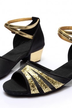 Women's Kids' Black Satin Gold Sparkling Glitter Flats Sandals Latin Dance Shoes Flower Girl Shoes D601009