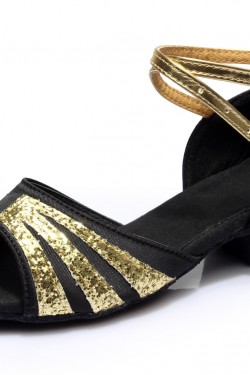 Women's Kids' Black Satin Gold Sparkling Glitter Flats Sandals Latin Dance Shoes Flower Girl Shoes D601009