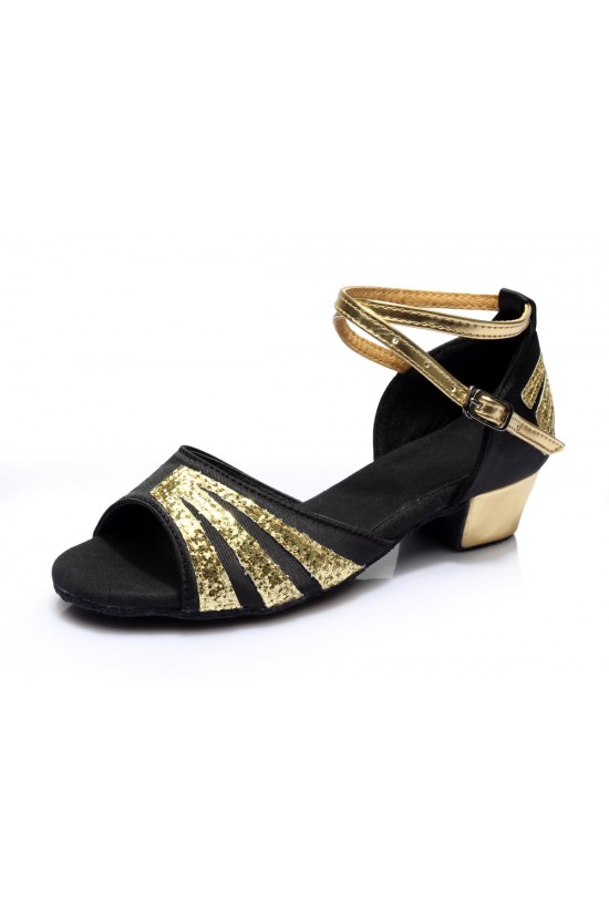Women's Kids' Black Satin Gold Sparkling Glitter Flats Sandals Latin Dance Shoes Flower Girl Shoes D601009