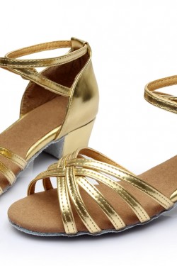 Women's Kids' Leatherette Heels Sandals Latin With Ankle Strap Gold Dance Shoes D601010