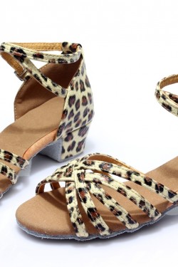 Women's Kids' Heels Sandals Latin With Ankle Strap Leopard Satin Dance Shoes D601011