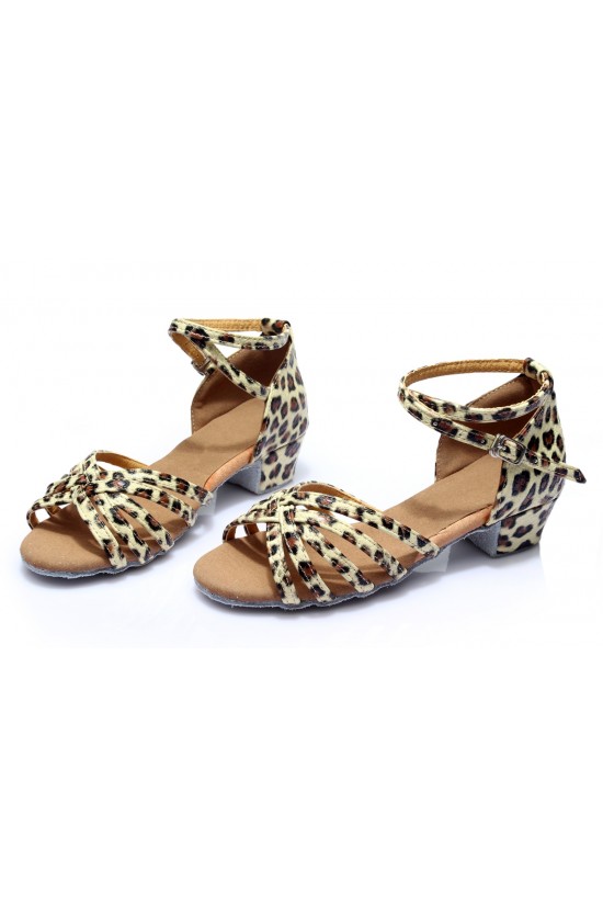 Women's Kids' Heels Sandals Latin With Ankle Strap Leopard Satin Dance Shoes D601011