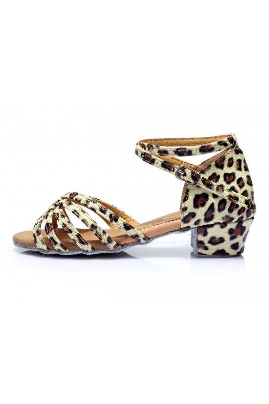 Women's Kids' Heels Sandals Latin With Ankle Strap Leopard Satin Dance Shoes D601011