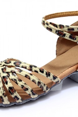Women's Kids' Heels Sandals Latin With Ankle Strap Leopard Satin Dance Shoes D601011