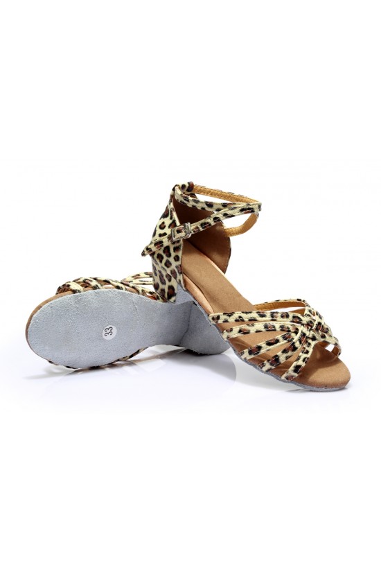 Women's Kids' Heels Sandals Latin With Ankle Strap Leopard Satin Dance Shoes D601011