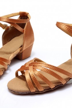 Women's Kids' Heels Sandals Latin With Ankle Strap Brown Satin Dance Shoes D601012