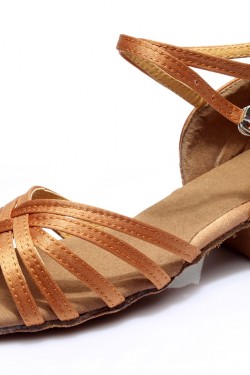 Women's Kids' Heels Sandals Latin With Ankle Strap Brown Satin Dance Shoes D601012