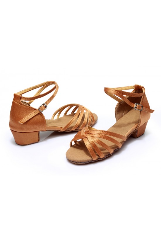 Women's Kids' Heels Sandals Latin With Ankle Strap Brown Satin Dance Shoes D601012