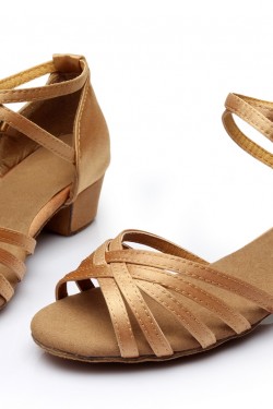 Women's Kids' Heels Sandals Latin With Ankle Strap Nude Satin Dance Shoes D601013