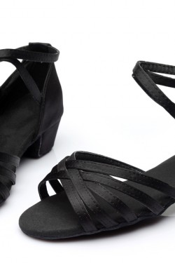 Women's Kids' Heels Sandals Latin With Ankle Strap Black Satin Dance Shoes D601014