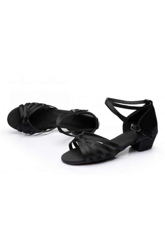 Women's Kids' Heels Sandals Latin With Ankle Strap Black Satin Dance Shoes D601014