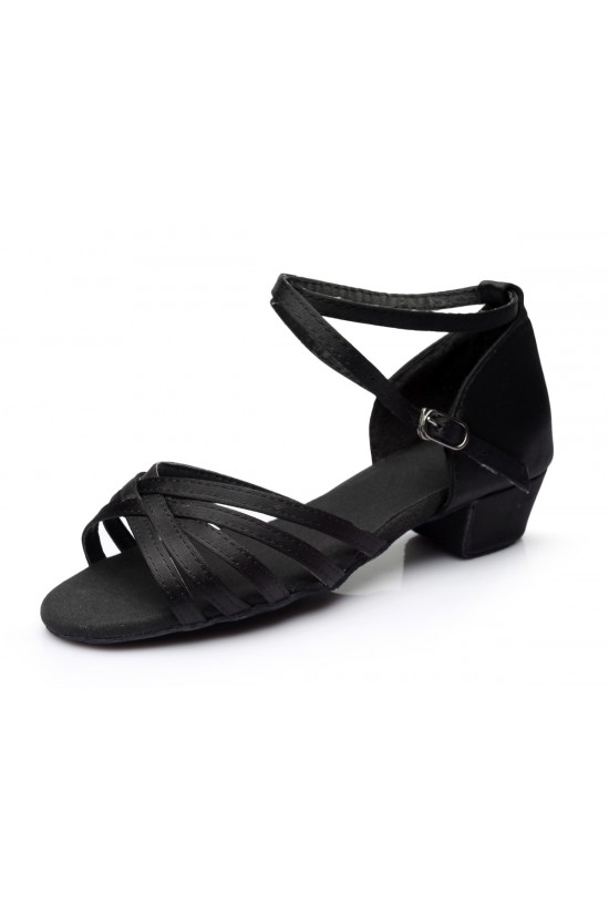 Women's Kids' Heels Sandals Latin With Ankle Strap Black Satin Dance Shoes D601014