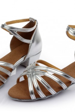 Women's Kids' Leatherette Heels Sandals Latin With Ankle Strap Silver Dance Shoes Wedding Party Shoes D601015