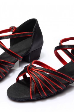 Women's Kids' Dance Shoes Latin/Ballroom Satin Chunky Heel Black Red Dance Shoes D601019