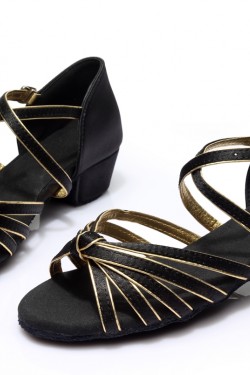 Women's Kids' Dance Shoes Latin/Ballroom Satin Chunky Heel Black Gold Dance Shoes D601020