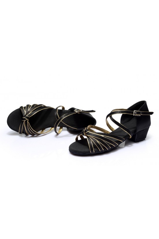 Women's Kids' Dance Shoes Latin/Ballroom Satin Chunky Heel Black Gold Dance Shoes D601020 Women's Kids' Dance Shoes Latin/Ballroom Satin Chunky Heel Black Gold Dance Shoes D601020
