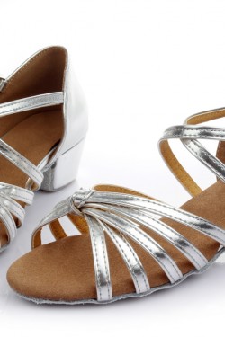 Women's Kids' Leatherette Dance Shoes Latin/Ballroom Satin Chunky Heel Silver Dance Shoes D601026