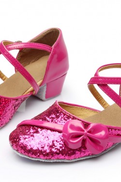 Women's Kids' Fuschia Sparkling Glitter Flats Latin Dance Shoes Chunky Heels Modern Dance Shoes D601028