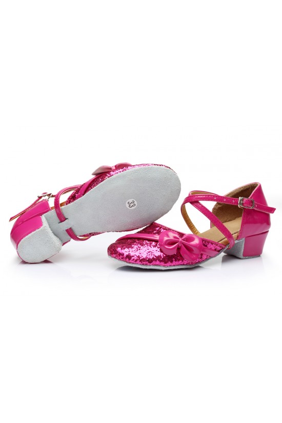 Women's Kids' Fuschia Sparkling Glitter Flats Latin Dance Shoes Chunky Heels Modern Dance Shoes D601028