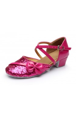 Women's Kids' Fuschia Sparkling Glitter Flats Latin Dance Shoes Chunky Heels Modern Dance Shoes D601028