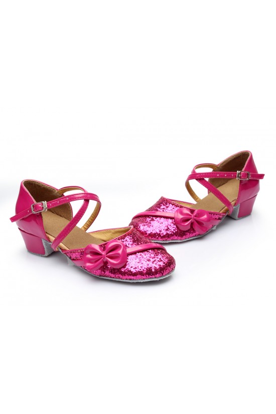 Women's Kids' Fuschia Sparkling Glitter Flats Latin Dance Shoes Chunky Heels Modern Dance Shoes D601028