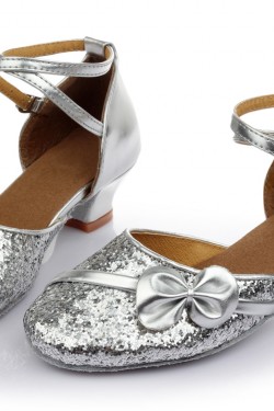 Women's Kids' Silver Sparkling Glitter Flats Latin Modern Dance Shoes Chunky Heels Wedding Party Shoes D601029