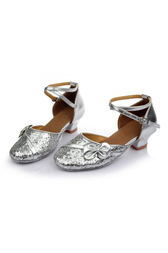 Women's Kids' Silver Sparkling Glitter Flats Latin Modern Dance Shoes Chunky Heels Wedding Party Shoes D601029