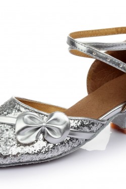 Women's Kids' Silver Sparkling Glitter Flats Latin Modern Dance Shoes Chunky Heels Wedding Party Shoes D601029