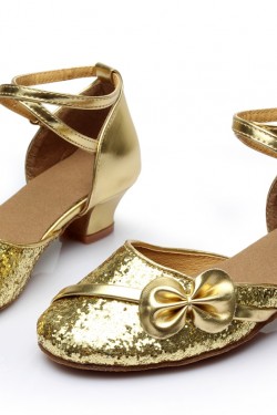Women's Kids' Gold Sparkling Glitter Flats Latin Modern Dance Shoes Chunky Heels Wedding Party Shoes D601030
