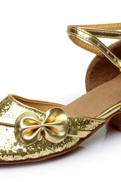 Women's Kids' Gold Sparkling Glitter Flats Latin Modern Dance Shoes Chunky Heels Wedding Party Shoes D601030