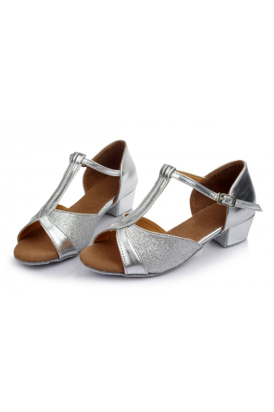 Women's Kids' Silver Sparkling Glitter Flats Latin T-Strap Dance Shoes Chunky Heels Wedding Party Shoes D601031