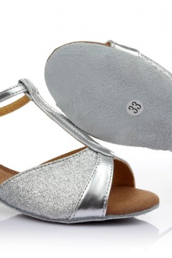 Women's Kids' Silver Sparkling Glitter Flats Latin T-Strap Dance Shoes Chunky Heels Wedding Party Shoes D601031